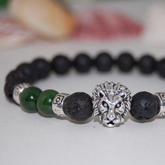 Lion Bracelet,Lava Bracelet,Lava Lion Charm Bracelet,8mm Lava Stone Beads - Picture 2 of 2